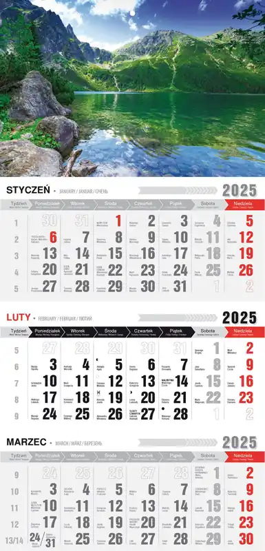 Nowy Kalendarz 2025 Trójdzielny z magnesem Tatry