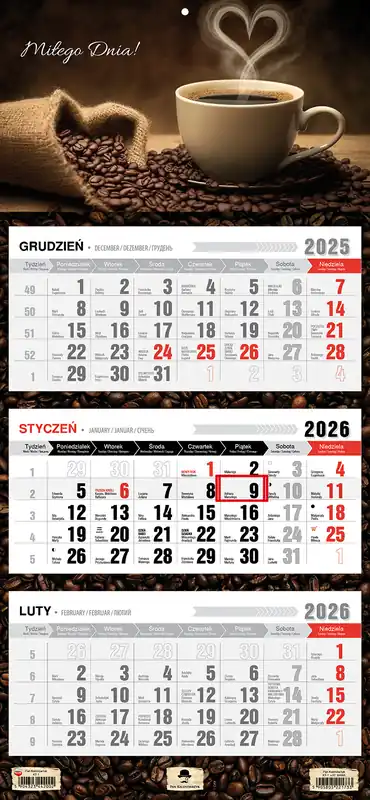 Zamów teraz Kalendarz 2025 Trójdzielny płaska główka Kawa