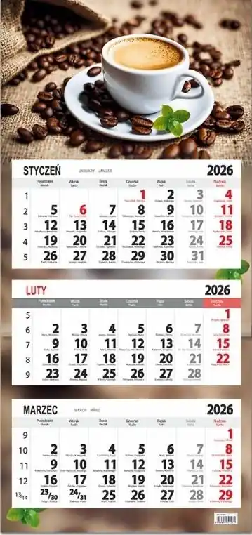 Najlepsza cena Kalendarz 2025 trójdzielny płaska główka kawa