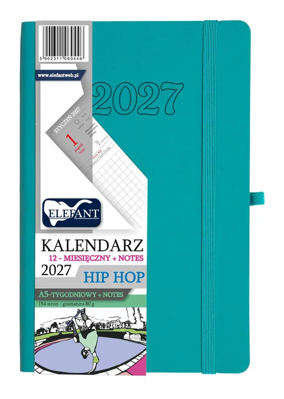Kalendarz 2027 12 m-cy. Hip hop A5 tygodniowy turkusowy Bezpieczne zakupy