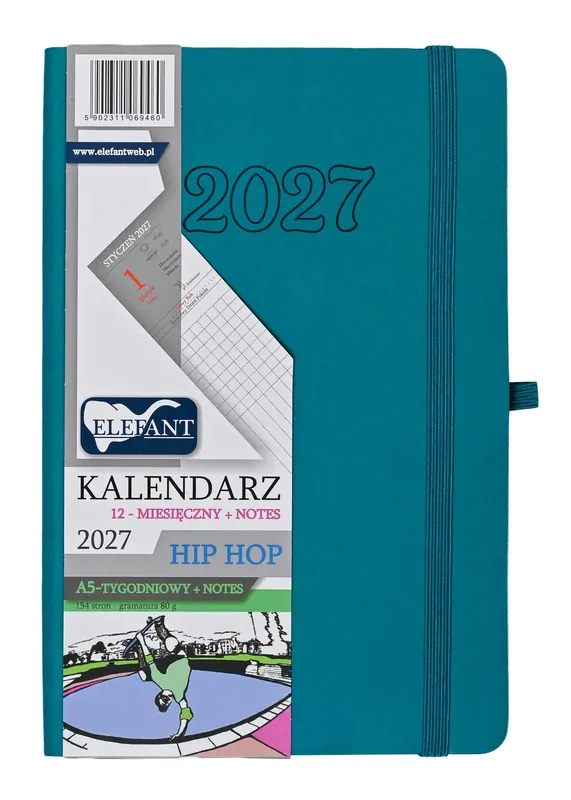 Tylko dziś Kalendarz 2027 12 m-cy. Hip hop A5 tygodniowy szmaragdowy